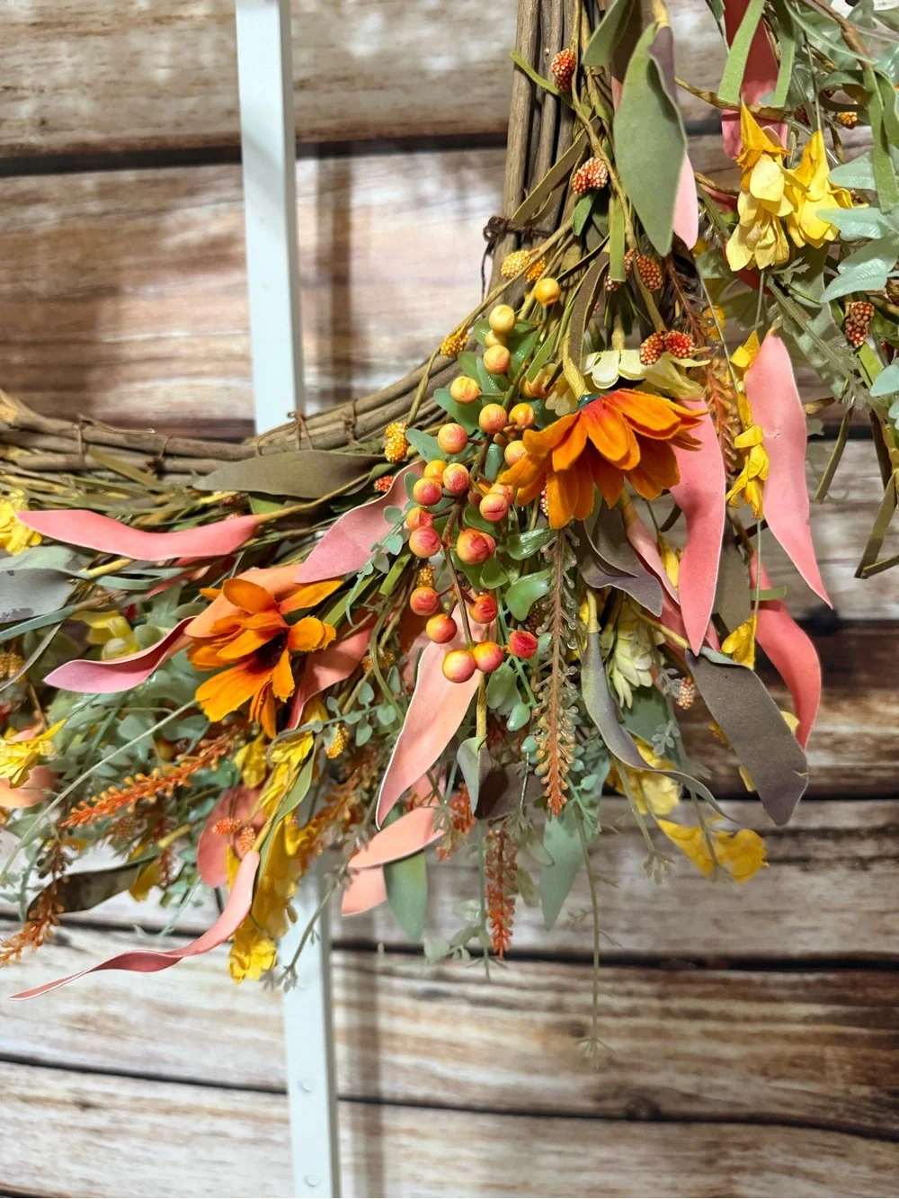 Autumn Flower & Berry Faux Floral Wreath - Yellow Orange & Pink